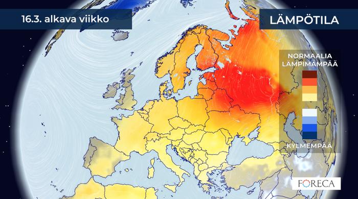 Maaliskuun kuukausiennuste näyttää tavanomaista lämpimämmältä. 16. maaliskuuta alkavalle viikolle ennakoidaan eteläisimpään Suomeen 4–5 astetta keskimääräistä lämpimämpää säätä.